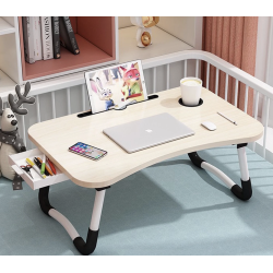 PHANCIR Foldable Lap Desk, 23.6 Inch Portable Wood Laptop Desk Table Bed Tray with iPad Slots, Cup Holder and Drawer, Anit-Slip Lap Desk for Working Reading Writing, Eating, Watching-White