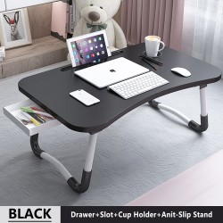 PHANCIR Foldable Lap Desk, 23.6 Inch Portable Wood Laptop Desk Table Bed Tray with iPad Slots, Cup Holder and Drawer, Anit-Slip Lap Desk for Working Reading Writing, Eating, Watching-Black