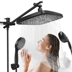 PHANCIR 12 inch High-Pressure Rain Shower Head Combo, 11" Adjustable Extension Arm, Full Rainfall Shower head with Anti-Clog Nozzles, 3+5+2 Spray Settings Handheld Shower with Power Wash,Black