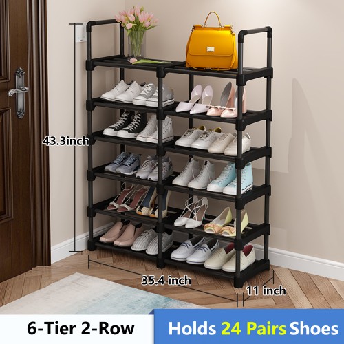 PHANCIR 6-Tier 2-Row Shoe Rack, Sturdy Stable 24 Pairs Boots Shoes Storage Organizer Fits For Family of 4-6, Stackable Shoe Shelf with 2 Versatile Hooks for Closet Entryway Hallway
