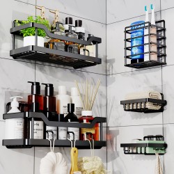 PHANCIR Shower Caddy Shower Organizer, Self-Adhesive Bathroom Shower Caddy Basket With Soap Holder, No Drilling Wall Mounted Rustproof Stainless Steel Corner Shower Rack Black
