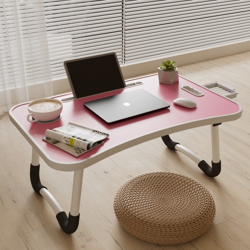 PHANCIR Portable Lap Desk with Ergonomic Handle, 23.6”Foldable Laptop Desk Table, Integrated Injection Molding with Slots/Cup Holder/Drawer, Anti-Slip for Reading Writing Eating Watching, Pink