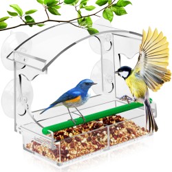 PHANCIR Window Bird Feeder with Suction Cups for Viewing, Acrylic Clear Bird Feeder for Window Removable Seed Tray with Drain Holes