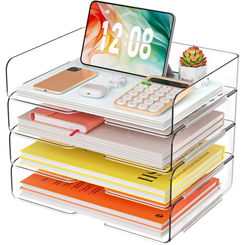 PHANCIR 4 Trays Paper Organizer Letter Tray - Acrylic Desk File Organizer, Stackable Clear Paper Holder Sorter Office Organizer for Letter/A4, Office File Ipad Books Notes